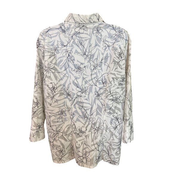 Alfred Dunner Sheer Button Up Blouse 18 Floral White Black Cottagecore Office - Picture 2 of 6